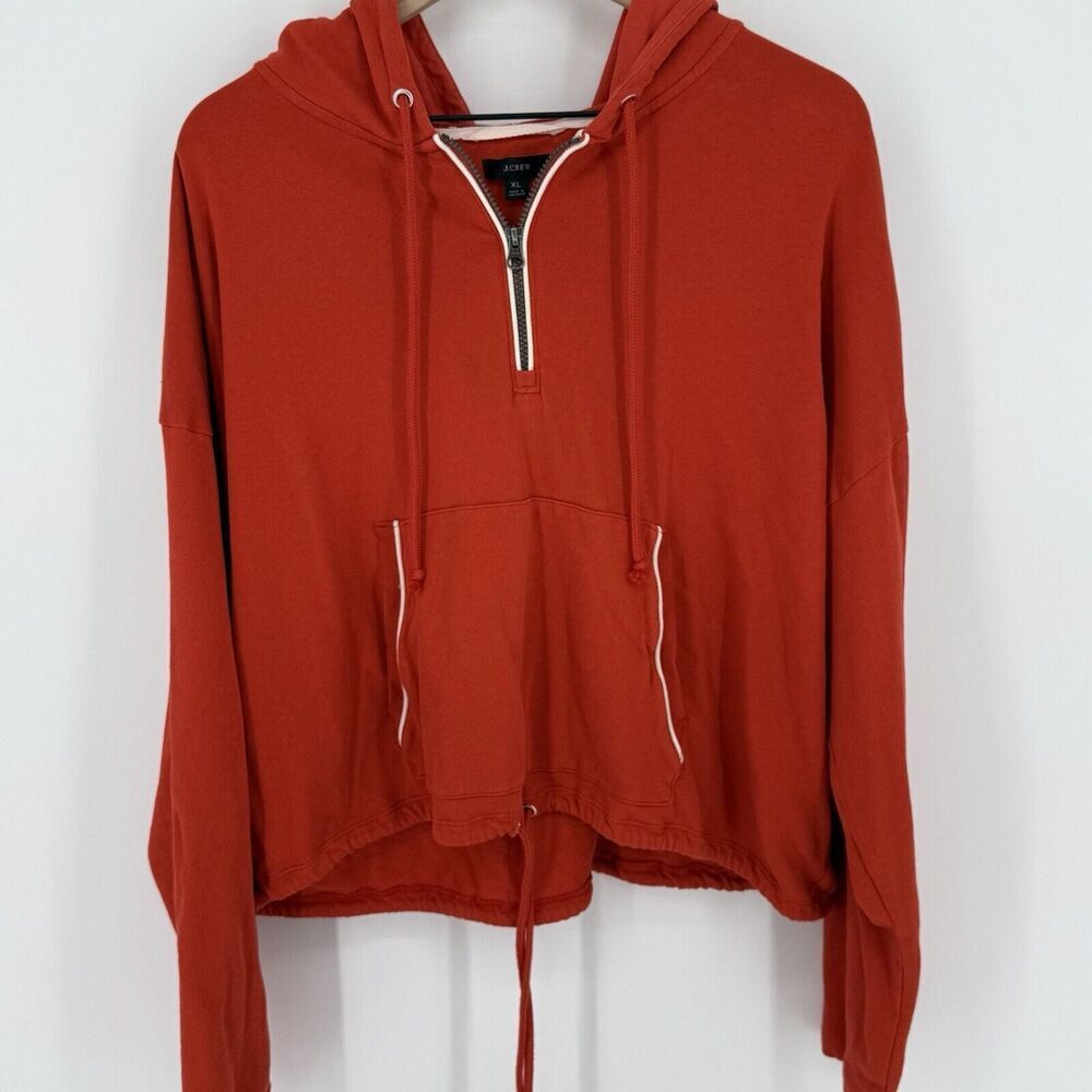 J.CREW Women's Size XL Orange Cotton Magic Rinse Cropped Drawstring Hoodie Shirt